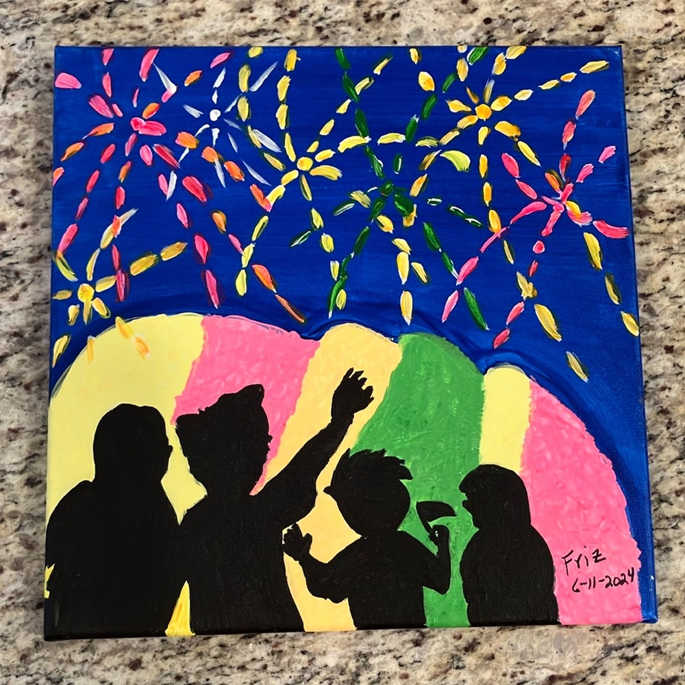 Handmade Fireworks Family Silhouette Painting 12”x12” Canvas Wall Art Holiday